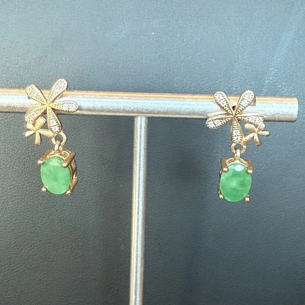 Sterling Silver 925 Gold Vermeil Green Emerald Pierced Dangle Earrings - Picture 5 of 6